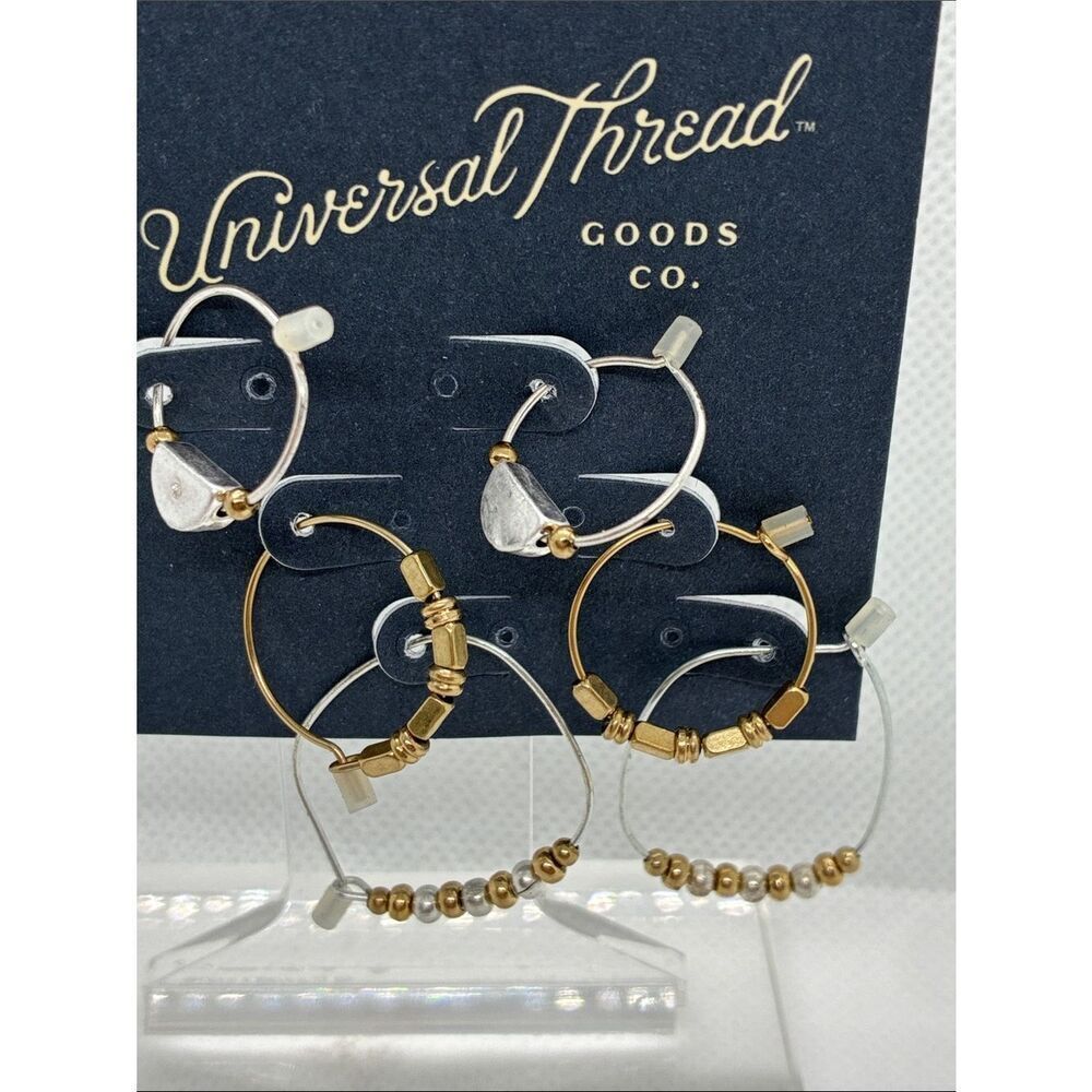 3for$20 Universal Thread Gold and Silver Mixed Metal Hoop and Bead Earring Set - Picture 2 of 2